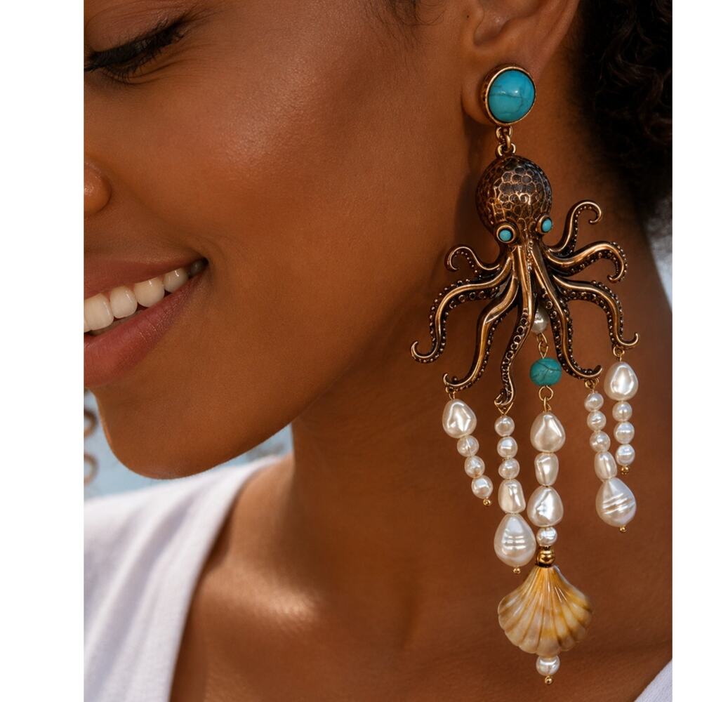 Octopus Earrings Faux Turquoise & Faux Pearls Dangle Tassels